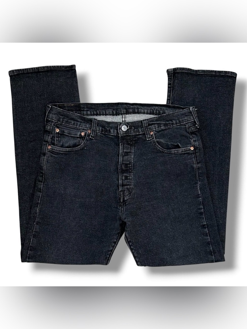 Levi's 501 Black Denim Men’s Distressed Jeans w/ Five Silver Buttons
